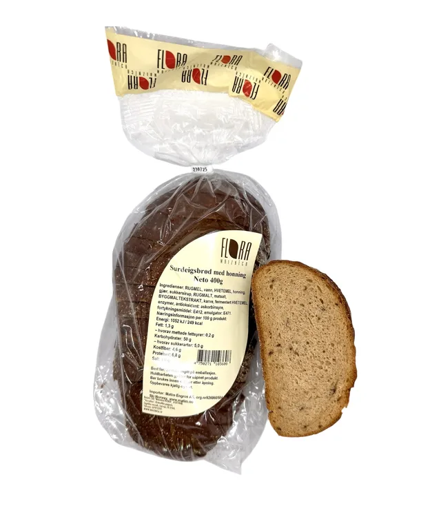 Håndlaget Sursøtt brød med honning Flora, 400g