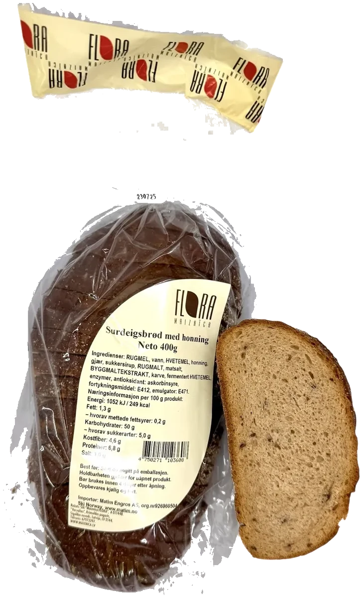 Håndlaget Sursøtt brød med honning Flora, 400g