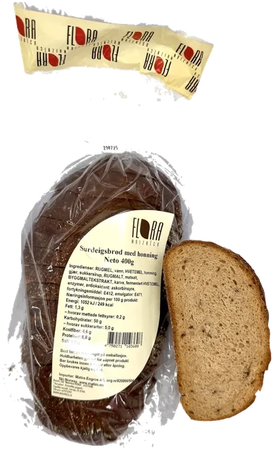 Håndlaget Sursøtt brød med honning Flora, 400g