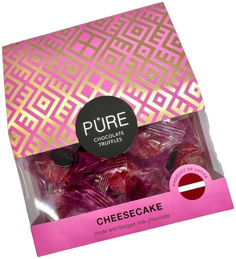 Melkesjokoladetrøfler med ostekake-smakskrem og bringebærdekor PURE 96g