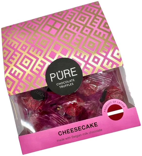 Melkesjokoladetrøfler med ostekake-smakskrem og bringebærdekor PURE 96g