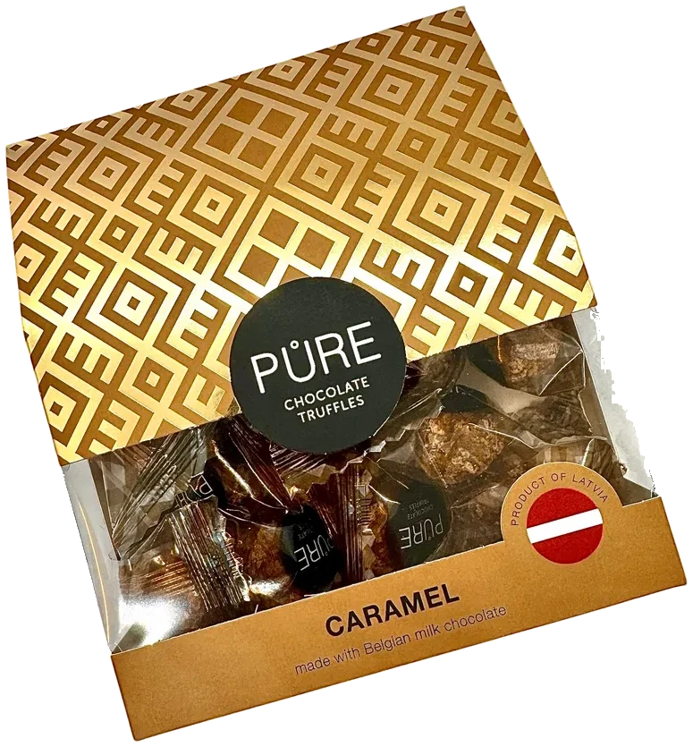 Melkesjokoladetrøfler med karamellfyll og vaffeldekor PURE 100g
