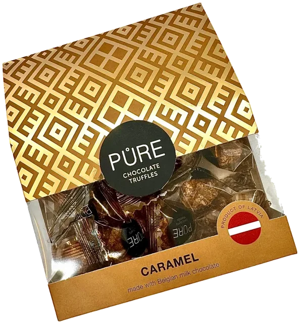 Melkesjokoladetrøfler med karamellfyll og vaffeldekor PURE 100g